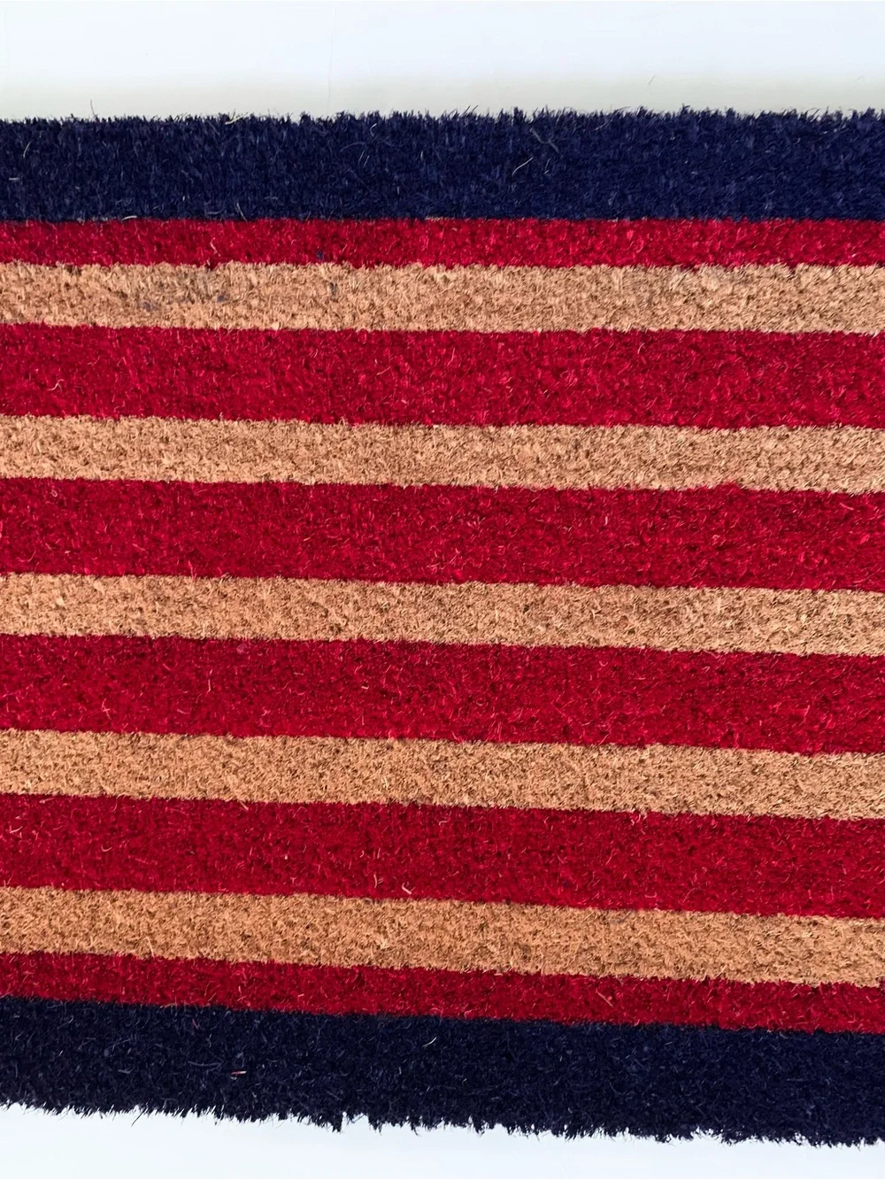 Outdoor doormat red stripe navy trim